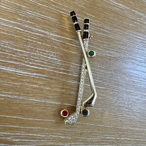 Rhinestone Golf Club VTG  Brooch Pin Gold Tone Crystal Black Enamel